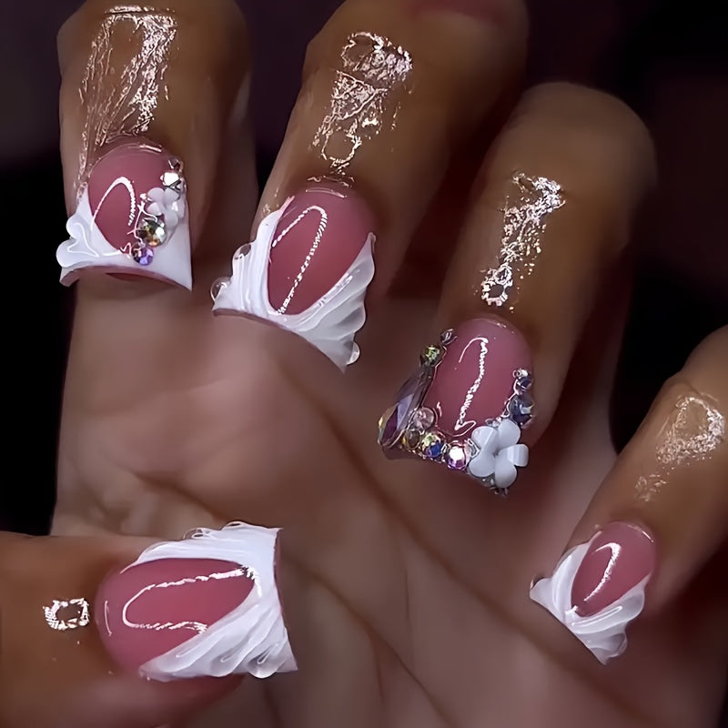 Free 4pcs of jelly glue and 4pcs of nail file in 4 boxes, 96pcs of European and American press-on wear nails, gorgeous sweet cool French sparkling diamond flowers, stripes, three-dimensional cherry, wave, clashing color, squa